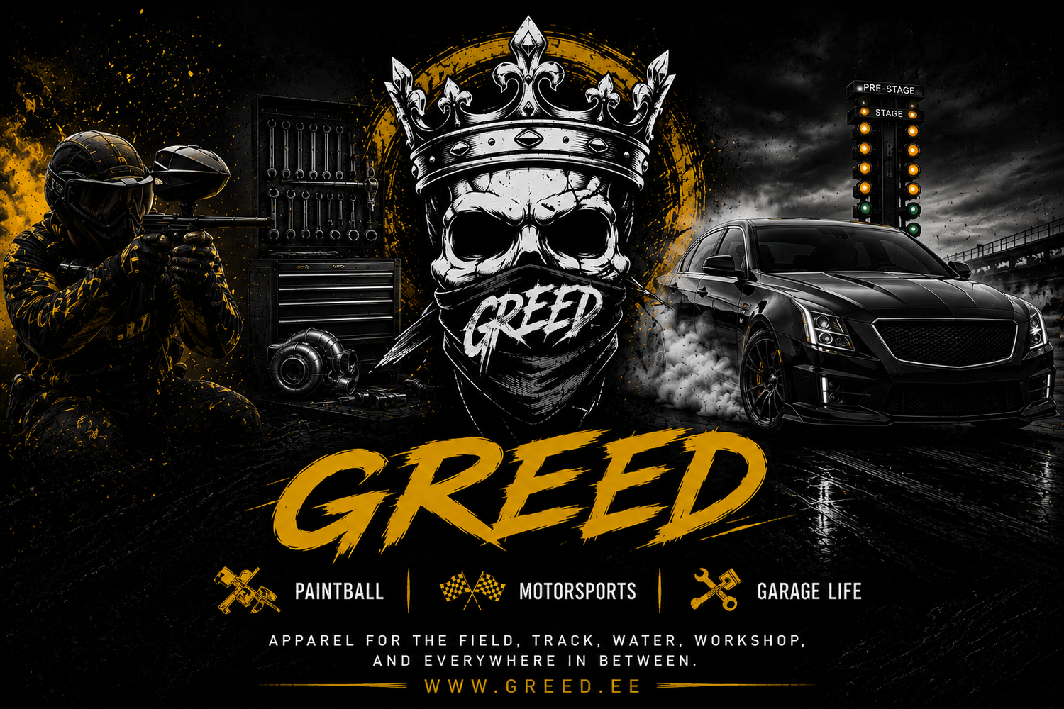 GREED print-on-demand apparel featuring paintball, motorsports, fishing and outdoor lifestyle designs