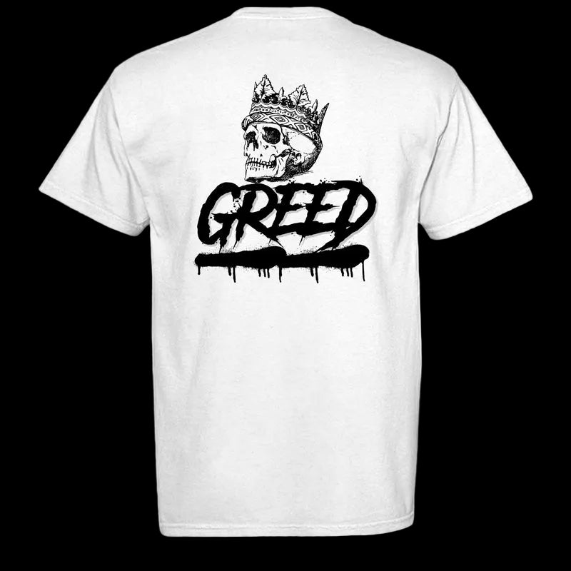 White t-shirt with a black graphic design of a skull wearing a crown and the word 'Greed' on the back.