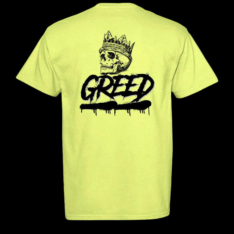 Yellow t-shirt with a black graphic design on the back featuring a skull with a crown and the word 'Greed'.
